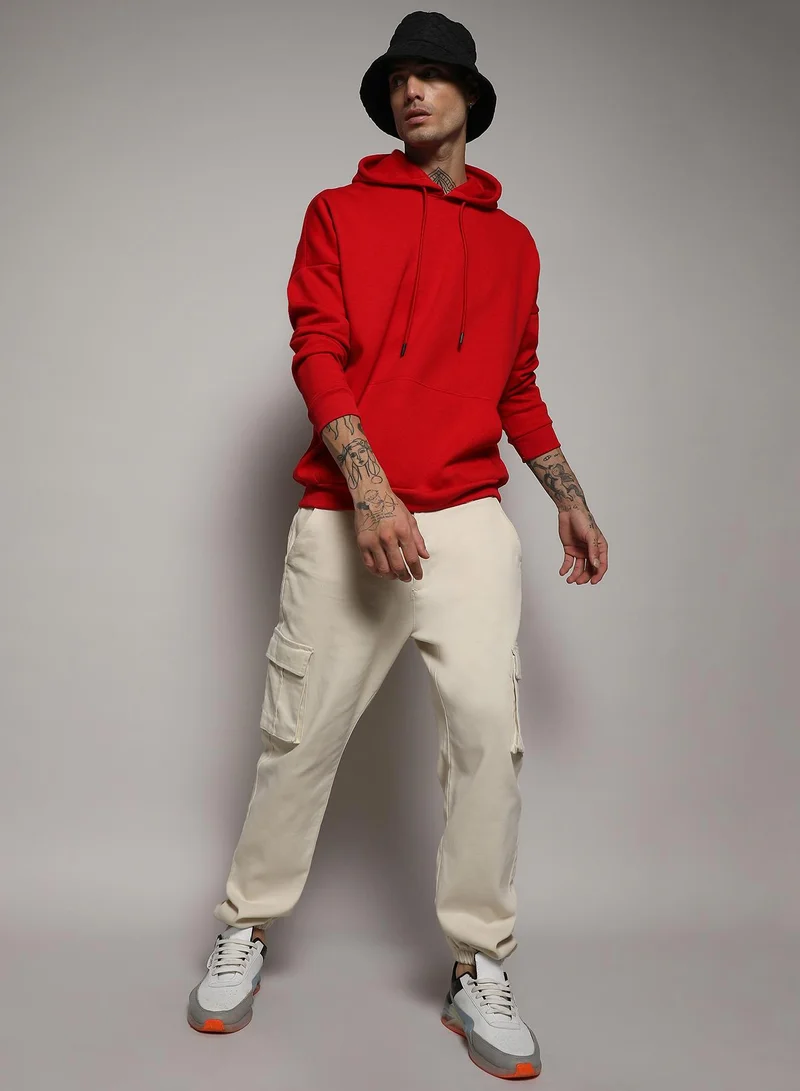 Campus Sutra Men's Crimson Red Oversized Basic Hoodie With Kangaroo Pocket