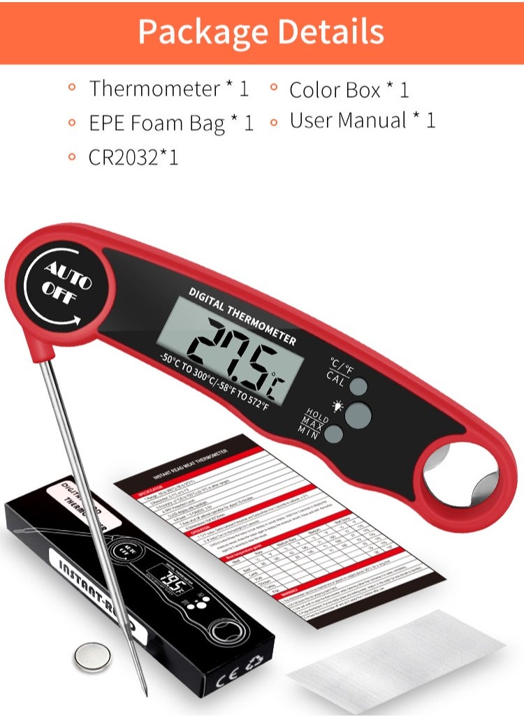 High Precision Digital Meat Thermometer,LCD Display Screen,Waterproof Ultra Fast Thermometer with Backlight & Calibration,Fast Reading, Essential for Kitchen,BBQ Grill,Beef(Red)