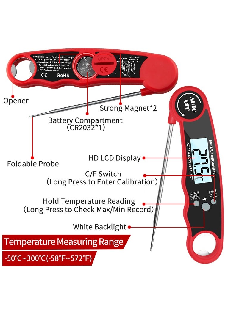 High Precision Digital Meat Thermometer,LCD Display Screen,Waterproof Ultra Fast Thermometer with Backlight & Calibration,Fast Reading, Essential for Kitchen,BBQ Grill,Beef(Red)