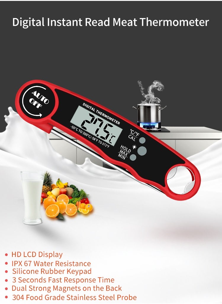 High Precision Digital Meat Thermometer,LCD Display Screen,Waterproof Ultra Fast Thermometer with Backlight & Calibration,Fast Reading, Essential for Kitchen,BBQ Grill,Beef(Red)