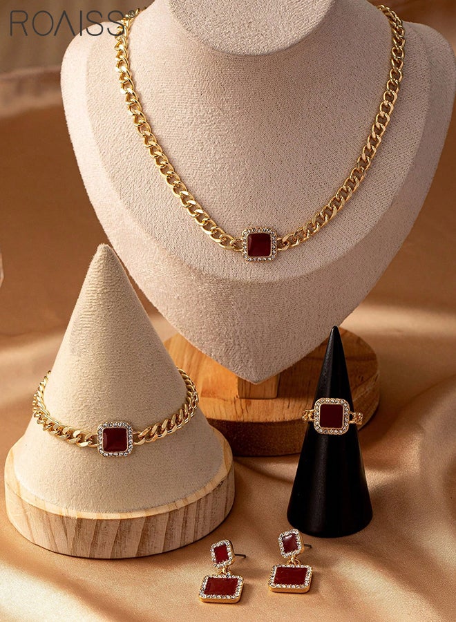 roaiss 5 Pcs Square Jewelry Set for Women, Featuring Elegant and Understated Luxury Necklace, Bracelet, Earrings, and Ring with Rhinestones Perfect for Evening Parties, Gatherings, and Holiday Outings - Image 2