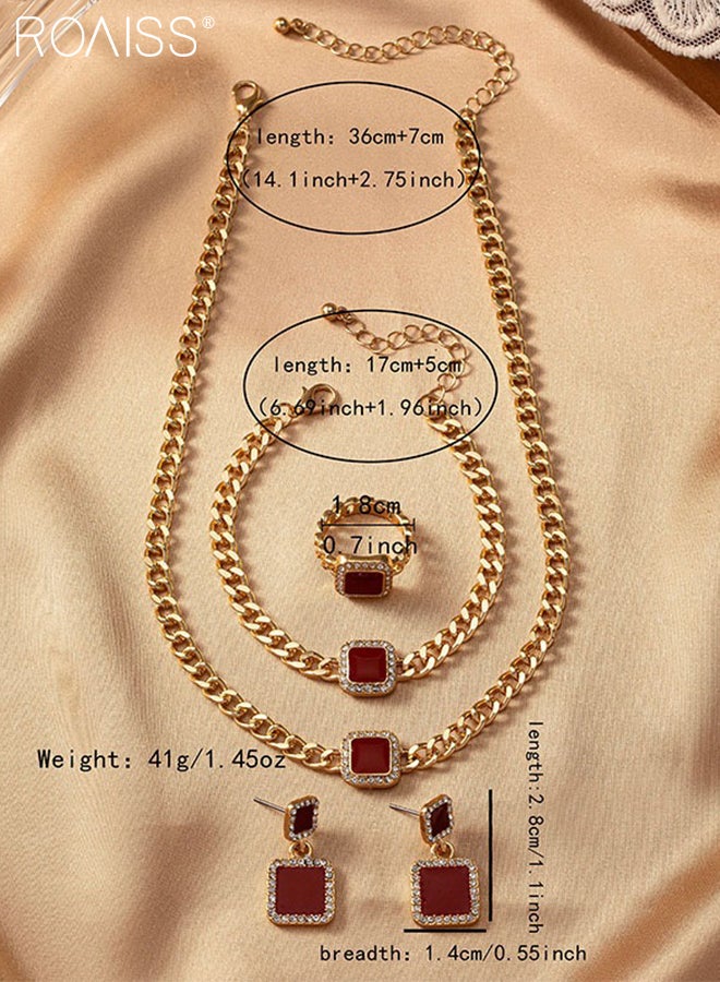 roaiss 5 Pcs Square Jewelry Set for Women, Featuring Elegant and Understated Luxury Necklace, Bracelet, Earrings, and Ring with Rhinestones Perfect for Evening Parties, Gatherings, and Holiday Outings - Image 5