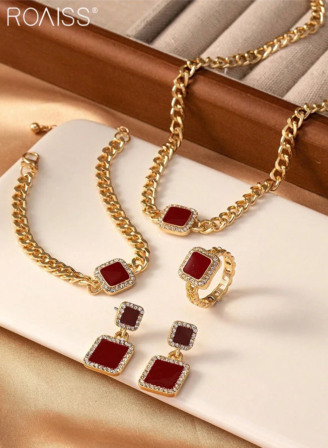 roaiss 5 Pcs Square Jewelry Set for Women, Featuring Elegant and Understated Luxury Necklace, Bracelet, Earrings, and Ring with Rhinestones Perfect for Evening Parties, Gatherings, and Holiday Outings - Image 4