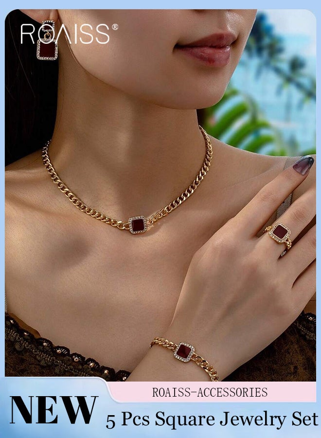 roaiss 5 Pcs Square Jewelry Set for Women, Featuring Elegant and Understated Luxury Necklace, Bracelet, Earrings, and Ring with Rhinestones Perfect for Evening Parties, Gatherings, and Holiday Outings - Image 1