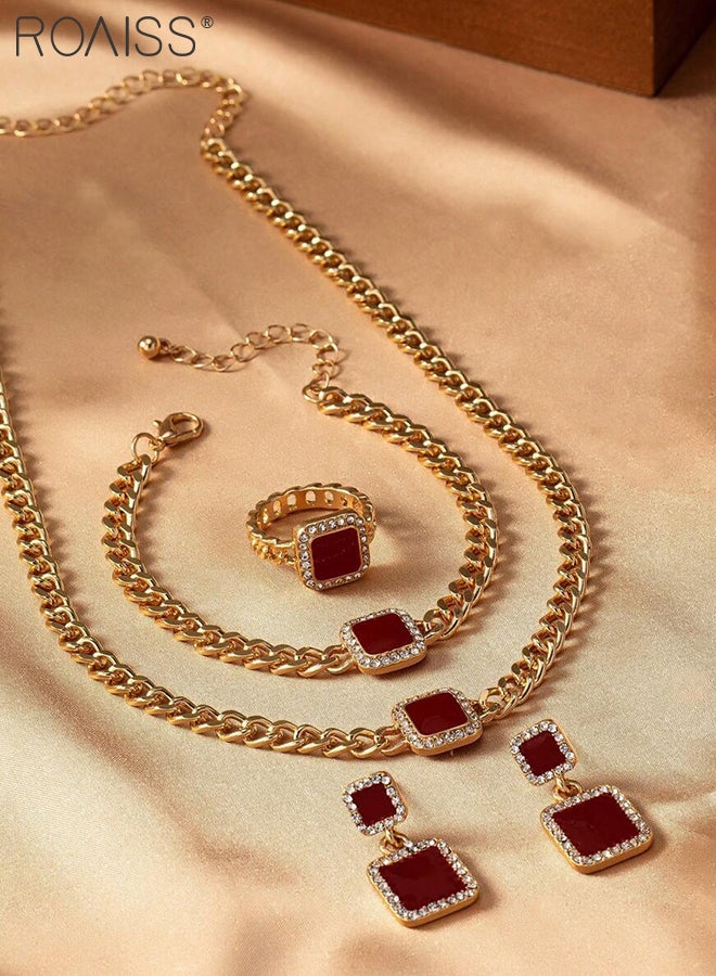 roaiss 5 Pcs Square Jewelry Set for Women, Featuring Elegant and Understated Luxury Necklace, Bracelet, Earrings, and Ring with Rhinestones Perfect for Evening Parties, Gatherings, and Holiday Outings - Image 3