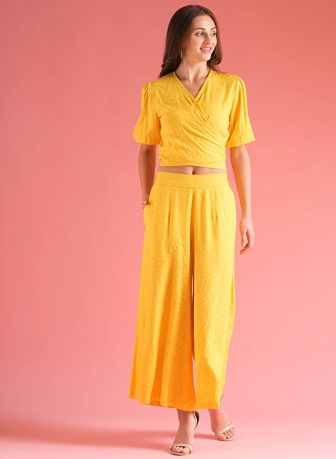 جلو باص Globus Women Yellow Polka Dot Print Wrap Tie Back Top and Palazzos Co-Ords