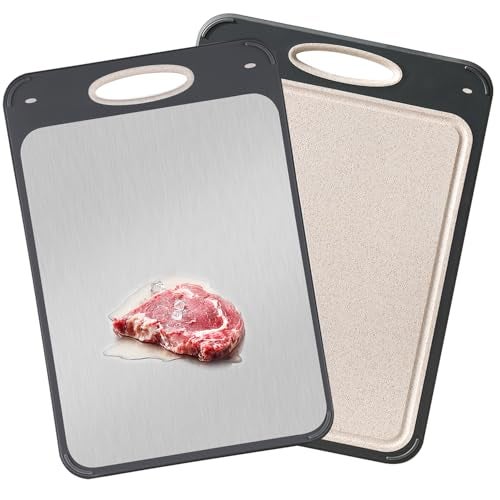 GUANCI Cutting Board for Kitchen Double Sided 304 Stainless Steel Chopping Board FoodGrade Stainless Steel and Wheat Straw PP Samll Size 1496 Easy to Clean