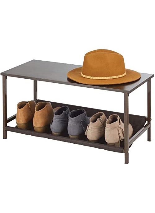 INDIAN DECOR INDIAN DECOR 45466 Shoe Storage Bench with Fabric Shelf Rack for Entryway Hall Mudroom Closet Compact 2Tier Organizer Unit for Wedges Flats Sneakers Wood Top Sturdy Metal Frame Black  - Image 5
