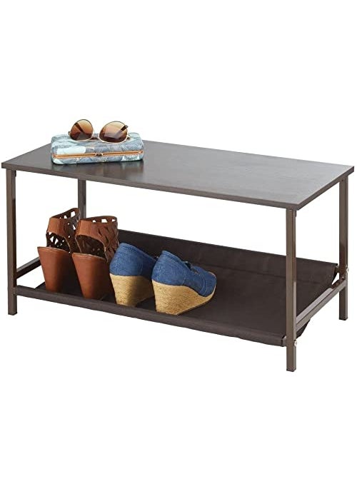 INDIAN DECOR INDIAN DECOR 45466 Shoe Storage Bench with Fabric Shelf Rack for Entryway Hall Mudroom Closet Compact 2Tier Organizer Unit for Wedges Flats Sneakers Wood Top Sturdy Metal Frame Black  - Image 1