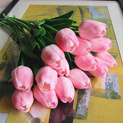 SHINE-CO LIGHTING Artificial PU Tulips 10Pcs Real Touch Fake Flower Arrangement Bouquets for Home Office Wedding Decoration (Pink) - Image 2
