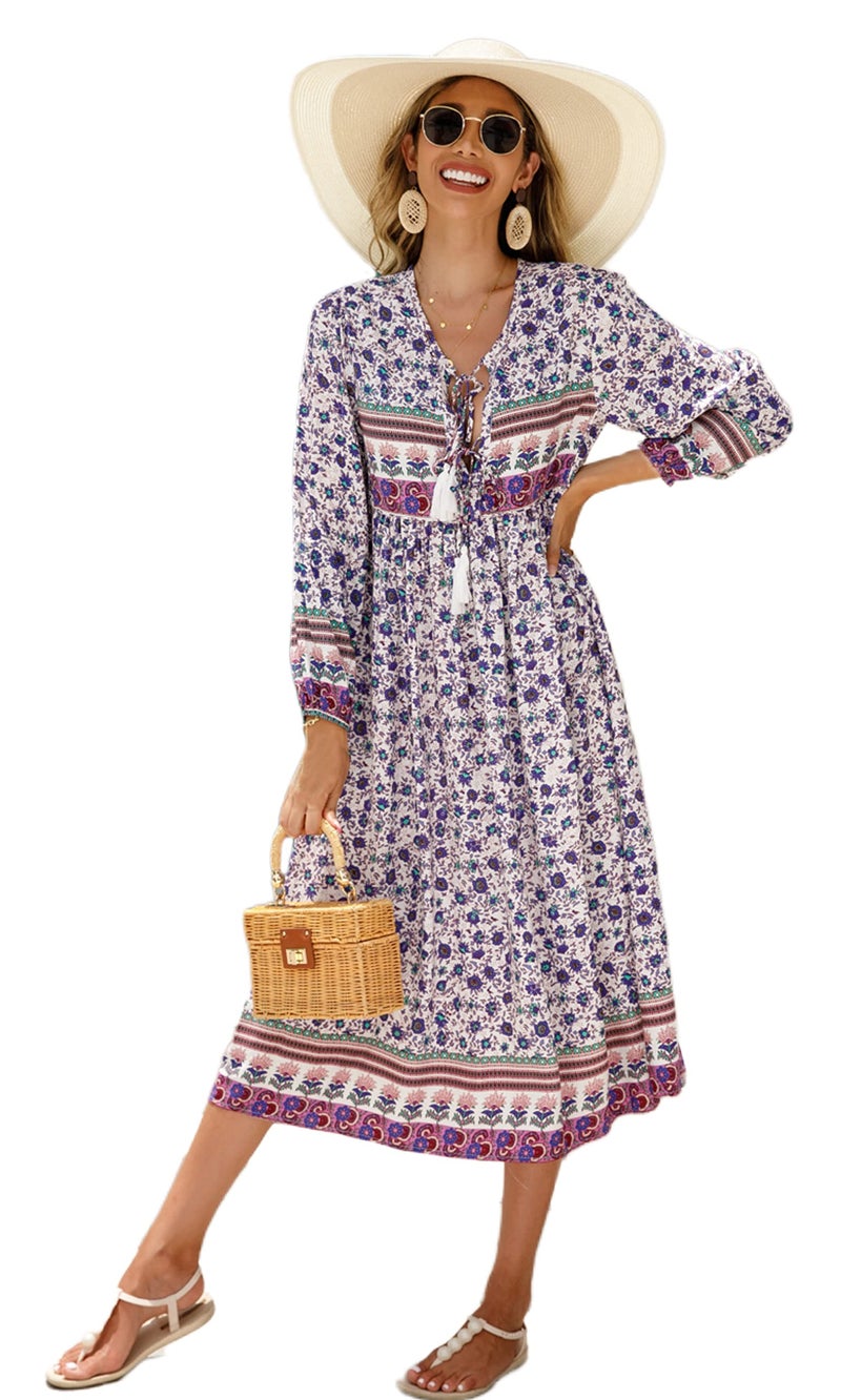 R.Vivimos Women's Long Sleeve Floral Print Retro V Neck Tassel Bohemian Midi Dresses (2XL, Multicolor#Blue) - Image 1