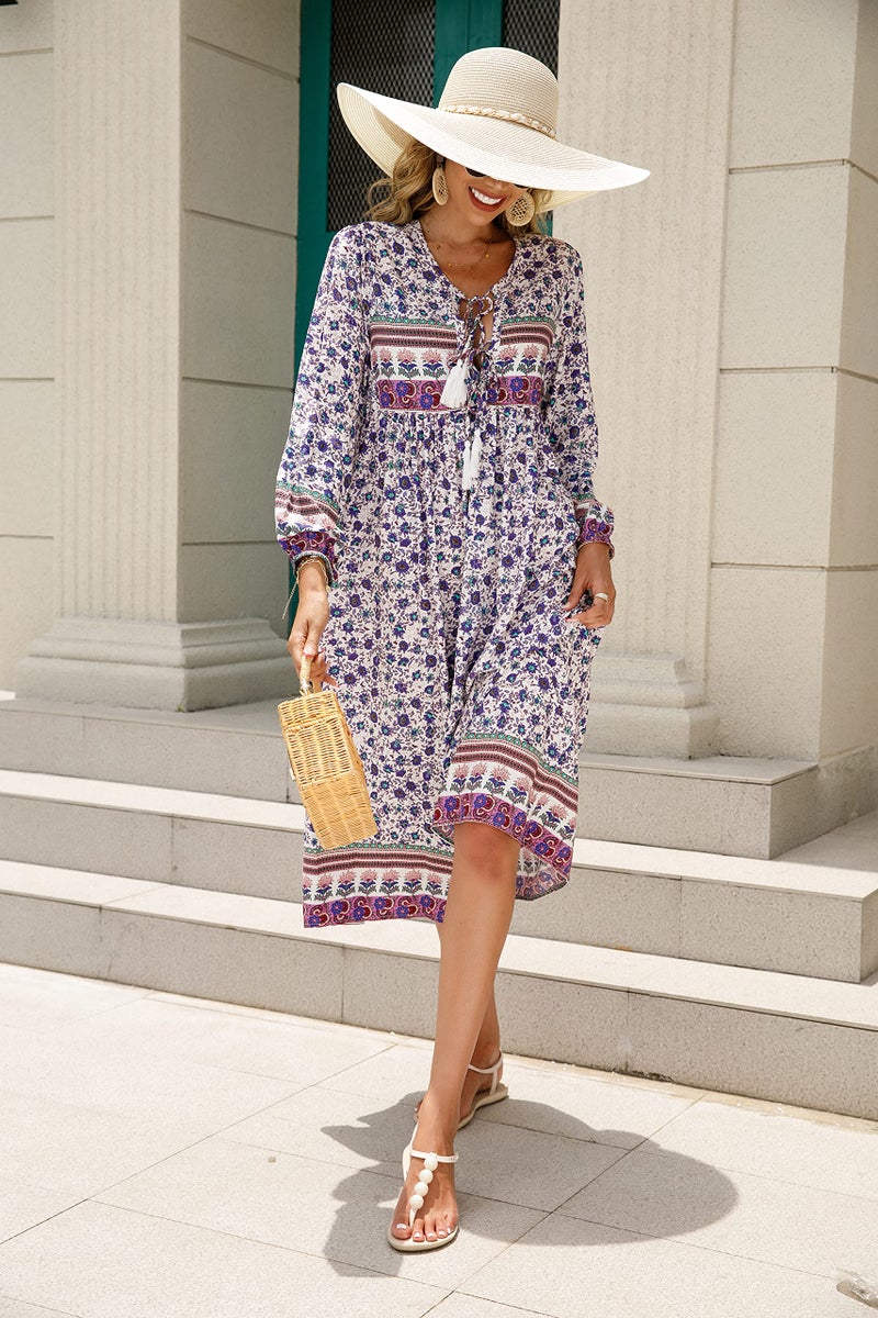 R.Vivimos Women's Long Sleeve Floral Print Retro V Neck Tassel Bohemian Midi Dresses (2XL, Multicolor#Blue) - Image 4