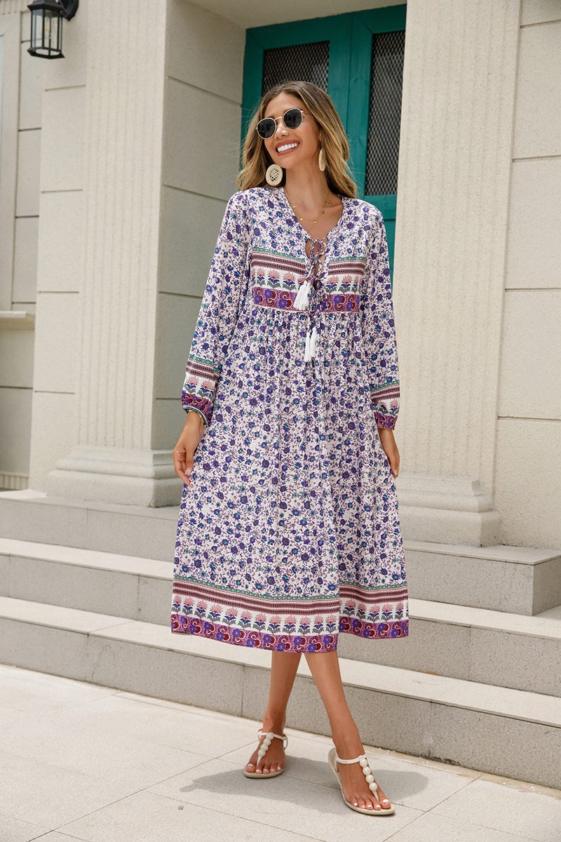 R.Vivimos Women's Long Sleeve Floral Print Retro V Neck Tassel Bohemian Midi Dresses (2XL, Multicolor#Blue) - Image 3