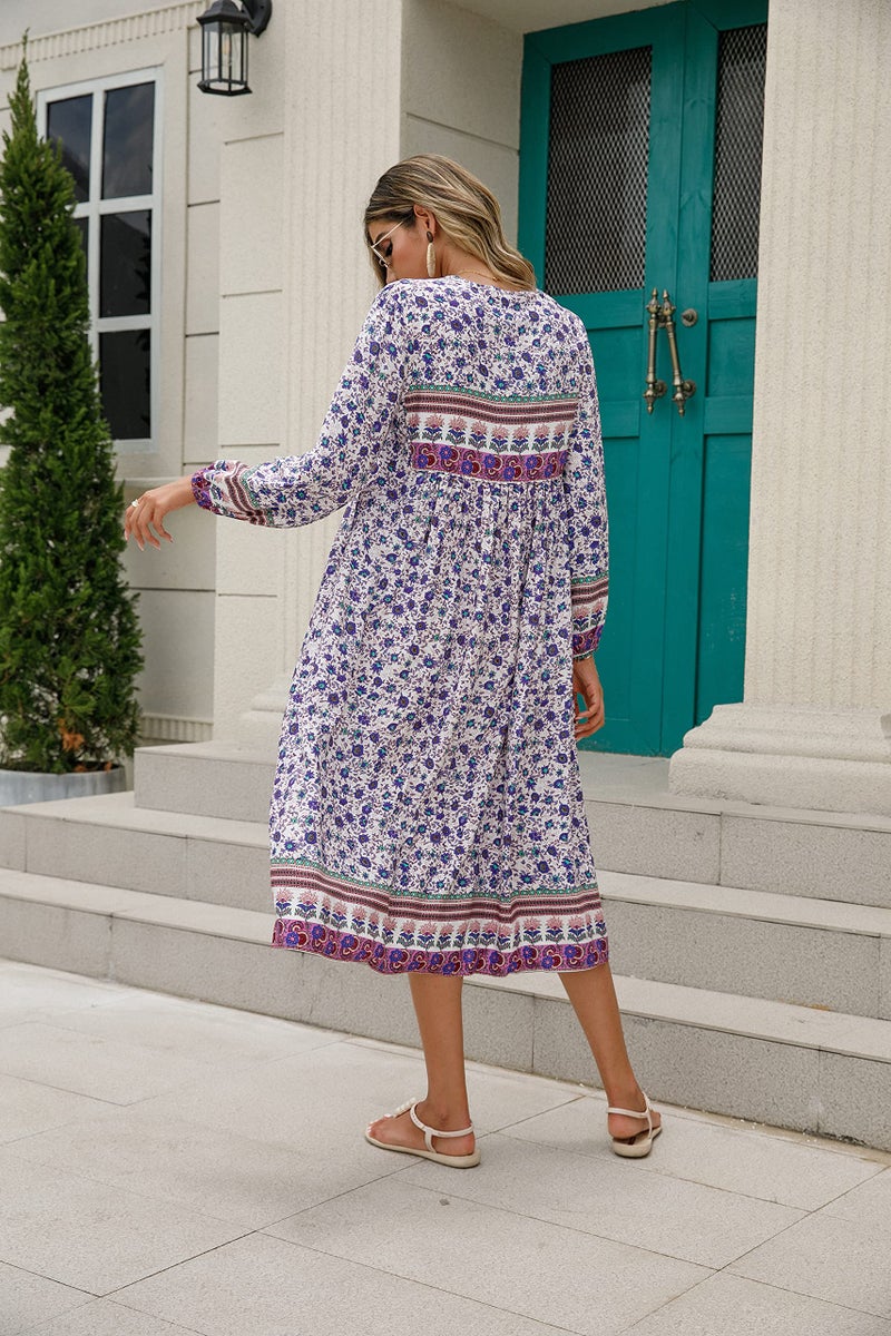 R.Vivimos Women's Long Sleeve Floral Print Retro V Neck Tassel Bohemian Midi Dresses (2XL, Multicolor#Blue) - Image 2