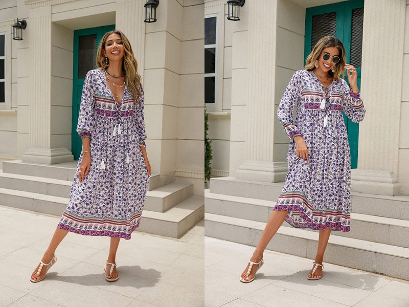 R.Vivimos Women's Long Sleeve Floral Print Retro V Neck Tassel Bohemian Midi Dresses (2XL, Multicolor#Blue) - Image 5