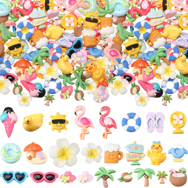 Giegxin 40 Pcs Summer Resin Charm Hawaii Beach Coconut Flamingo Plumeria Flower Flatback Cabochon Accessories Cute Embellishments Bulk for Jewelry Cellphone Case Scrapbooking Headband DIY Craft Making - Image 1