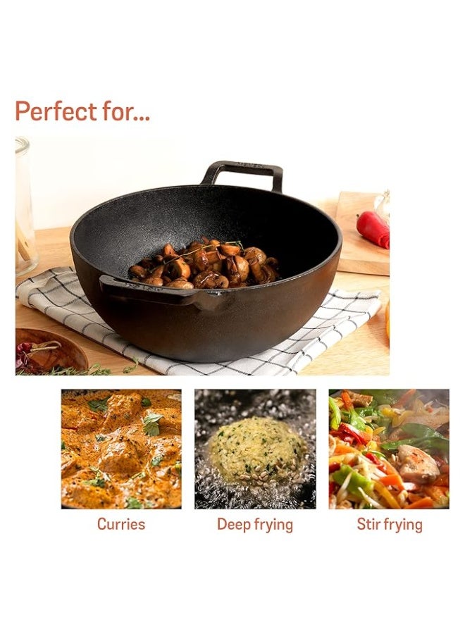 Meyer Pre Seasoned Cast Iron Kadai|Iron Kadhai with Lid for Cooking and Deep Frying | Heavy Base Iron Kadai Small Size | Gas Stove and Induction Friendly 20cm/ 2 Liters, Black - Image 2