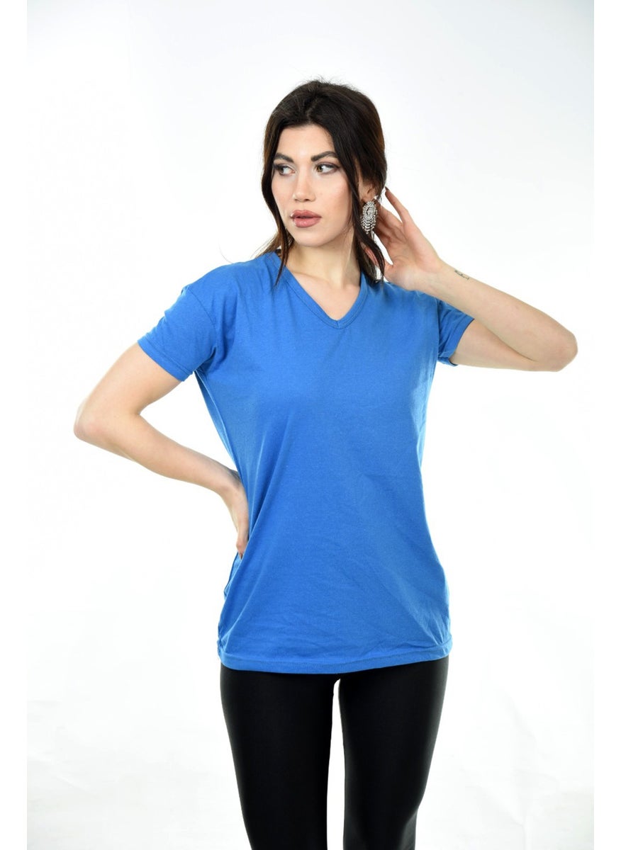 Belifanti Collection تي شيرت نسائي أساسي ذو عنق على شكل حرف V باللون الأزرق ساكس  - Image 1