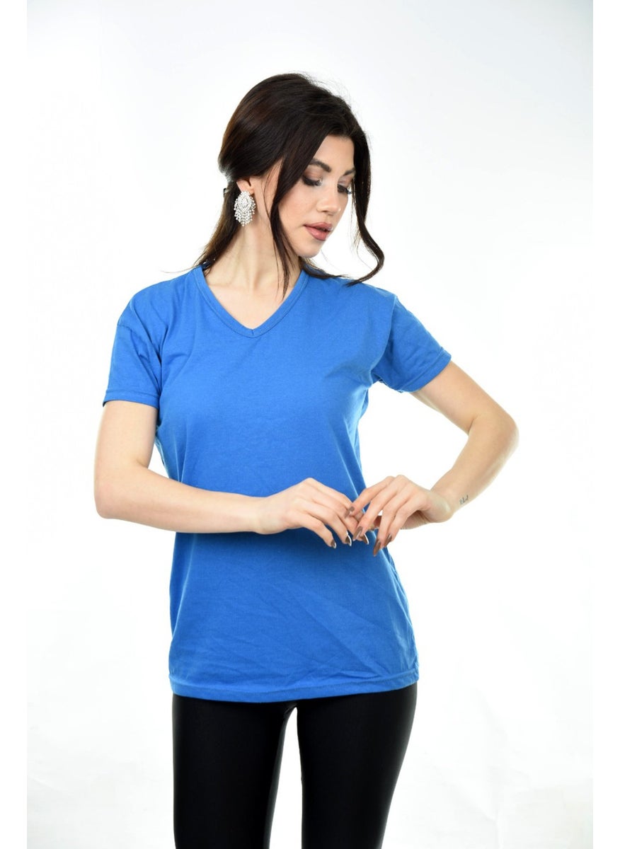 Belifanti Collection تي شيرت نسائي أساسي ذو عنق على شكل حرف V باللون الأزرق ساكس  - Image 2