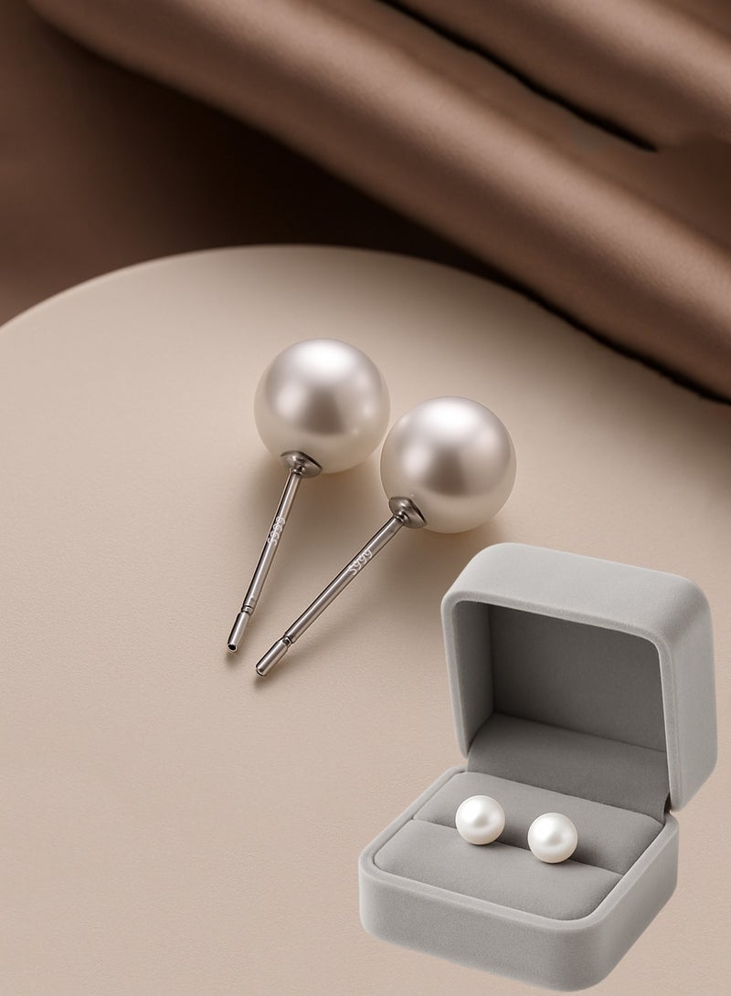 A Pair of S999 Pure Silver Natural Pearl Stud Earrings for Women, 8mm Hypoallergenic Elegant Jewelry, Ideal Gift for Eid, Wedding, Daily Wear - Image 1