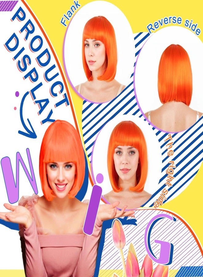 LIULIUBTY Short Bob Hair Wigs Straight with Flat Bangs Synthetic Colorful Cosplay Daily Party Neon Wig for Women + Free Wig Cap 12" Natural As Real (Bob, Orange) - Image 4