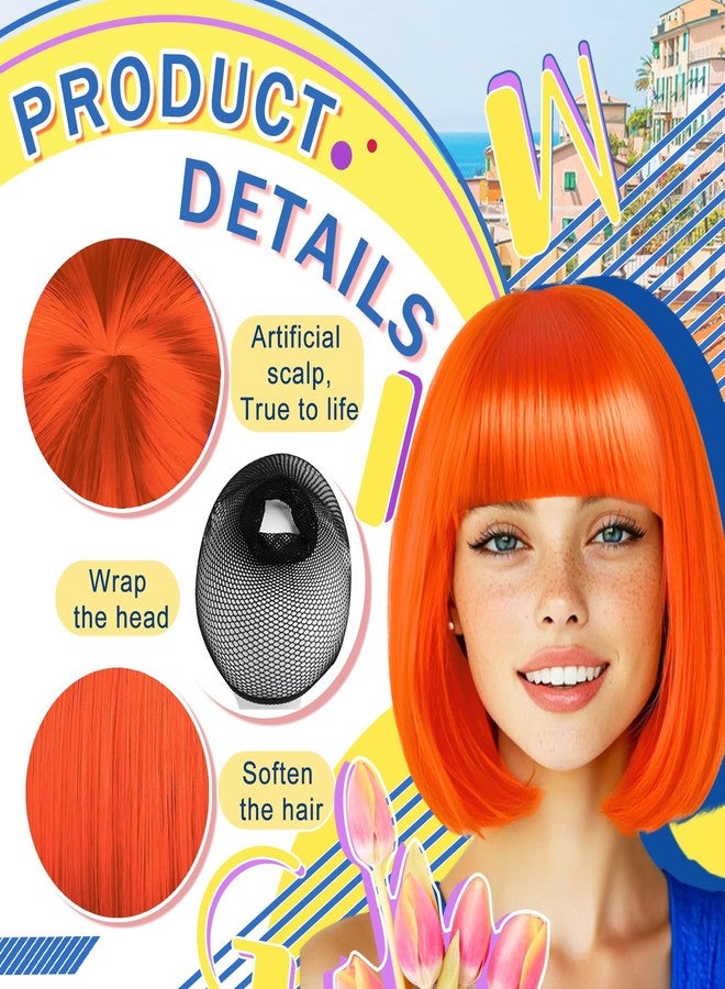 LIULIUBTY Short Bob Hair Wigs Straight with Flat Bangs Synthetic Colorful Cosplay Daily Party Neon Wig for Women + Free Wig Cap 12" Natural As Real (Bob, Orange) - Image 3