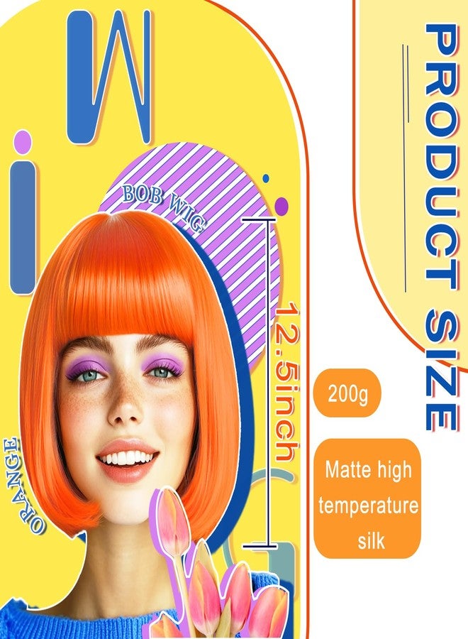 LIULIUBTY Short Bob Hair Wigs Straight with Flat Bangs Synthetic Colorful Cosplay Daily Party Neon Wig for Women + Free Wig Cap 12" Natural As Real (Bob, Orange) - Image 2