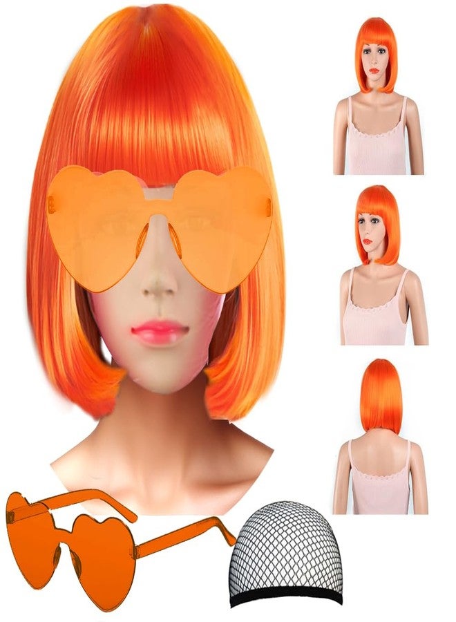 LIULIUBTY Short Bob Hair Wigs Straight with Flat Bangs Synthetic Colorful Cosplay Daily Party Neon Wig for Women + Free Wig Cap 12" Natural As Real (Bob, Orange) - Image 1