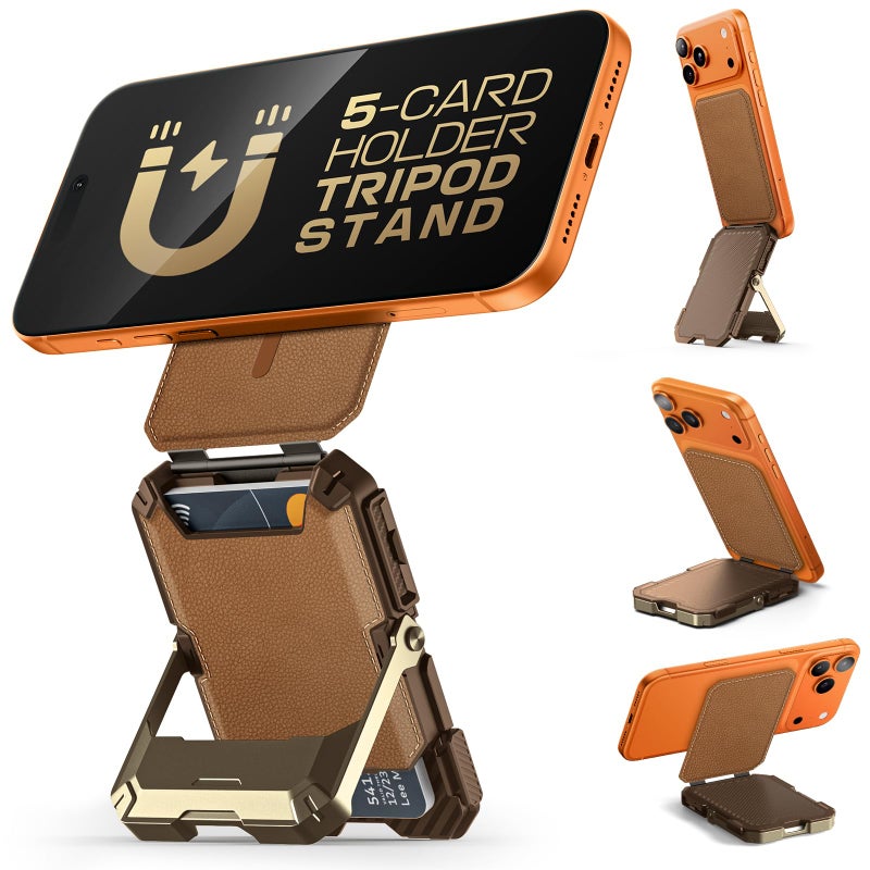 SUPCASE for MagSafe Wallet with Stand, Magnetic Genuine Leather Wallet for Men, [Hold 5 Cards] [Adjustable Stand] [RFID Blocking] Phone Card Holder Tripod for iPhone 17/16/15/14/13/12 Series, Brown - Image 1