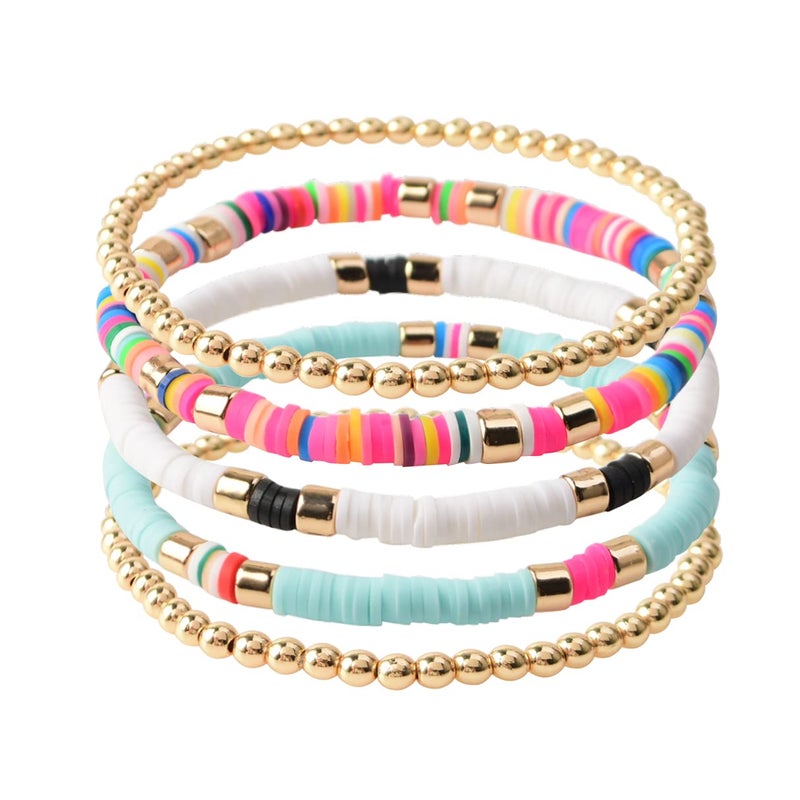 GOOJIDS Surfer Heishi Clay Bead Bracelets for Women Bohemian Stackable Gold Plated Beaded Stretch Bracelets Elastic Layering Friendship Bracelets Set Boho Jewelry - Image 1