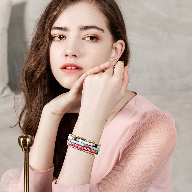 GOOJIDS Surfer Heishi Clay Bead Bracelets for Women Bohemian Stackable Gold Plated Beaded Stretch Bracelets Elastic Layering Friendship Bracelets Set Boho Jewelry - Image 4