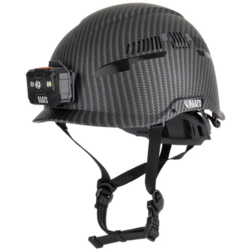 Klein Tools 60517 Safety Helmet Vented Class C with Rechargeable Lamp and Chin Strap Premium KARBN Pattern Adjustable Vents