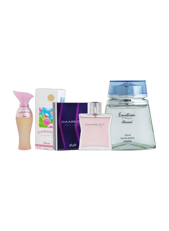 Rasasi Emotion Eau De Parfum Perfume for Men 100ml, Daarej Perfume for Women Eau De Parfum 100ml, and Innocence EDP 65ml  - Image 1