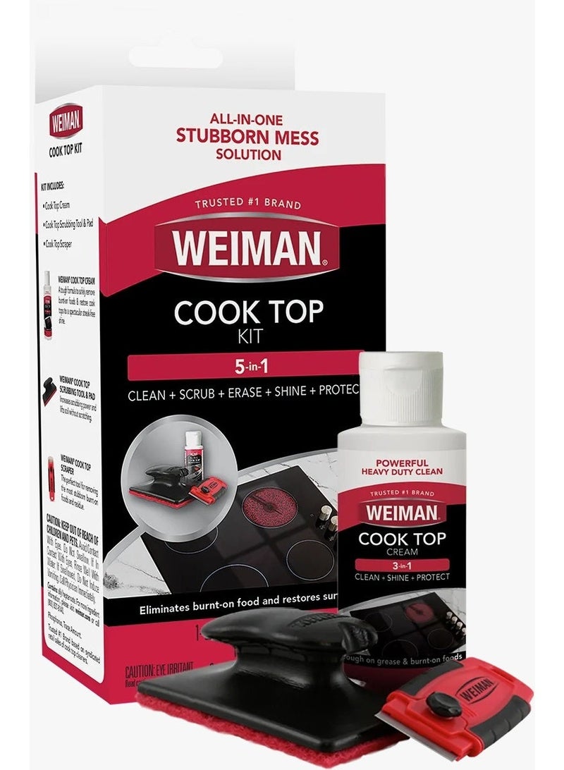 ويمان مجموعة التنظيف الكاملة لسطح الطهي 5 في 1 من Weiman - تشمل كريمًا، وسادة فرك، وأداة كشط - Image 1