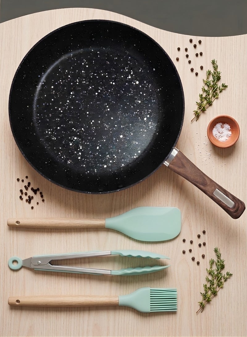 JUNI 30 cm Nonstick Frying Pan with Wooden Handle & include Free 3 Silicone Kitchen Utensils – Scratch-Resistant Skillet Pan, Induction & Gas Stove Compatible, Healthy Low-Oil Cooking - Image 1