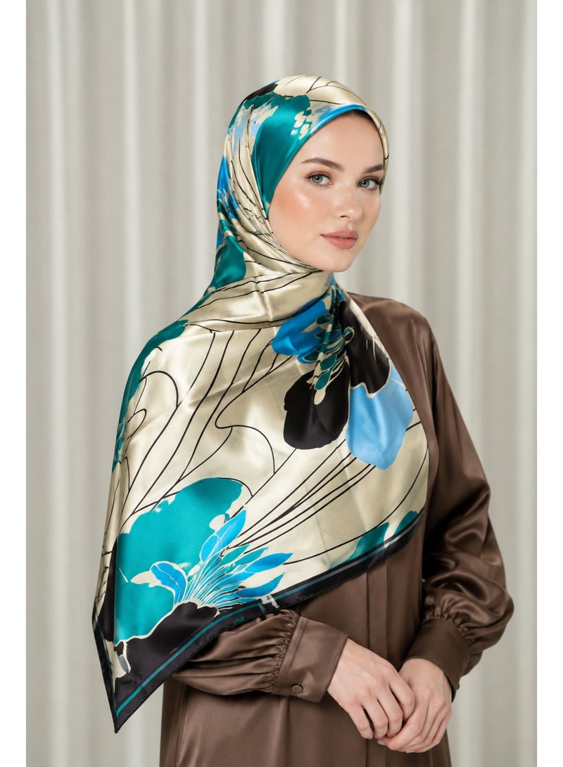 Women's Satin Printed Scarf, Elegant Floral Pattern, Lightweight Shawl, Hijab & Wrap, 55x170 cm - Image 1