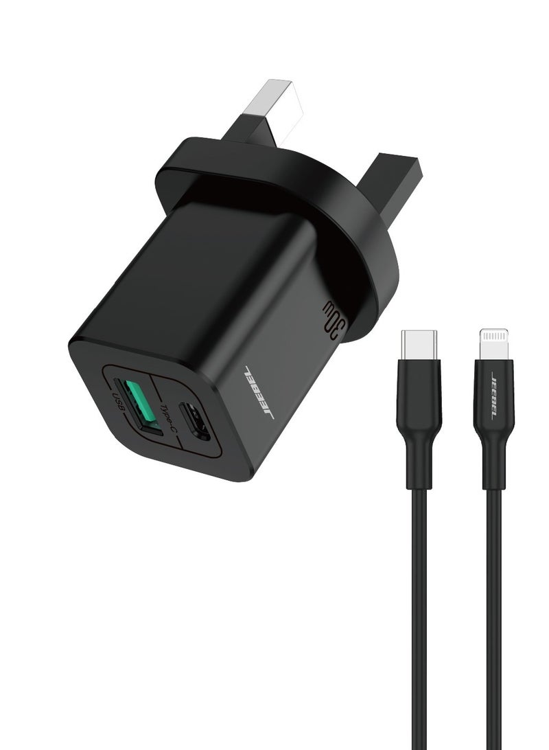 Dual-port wall charger with 30-watt MFI-certified cable