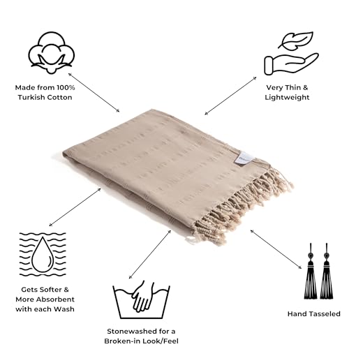 InfuseZen Stonewashed Turkish Bath & Beach Towel –100% Organic Turkish Cotton - Soft, Lightweight, Absorbent - Quick Dry, Sand Free - Swim, Pool, Shower, Travel - Peshtemal, Hammam Spa Towel - Beige - Image 2