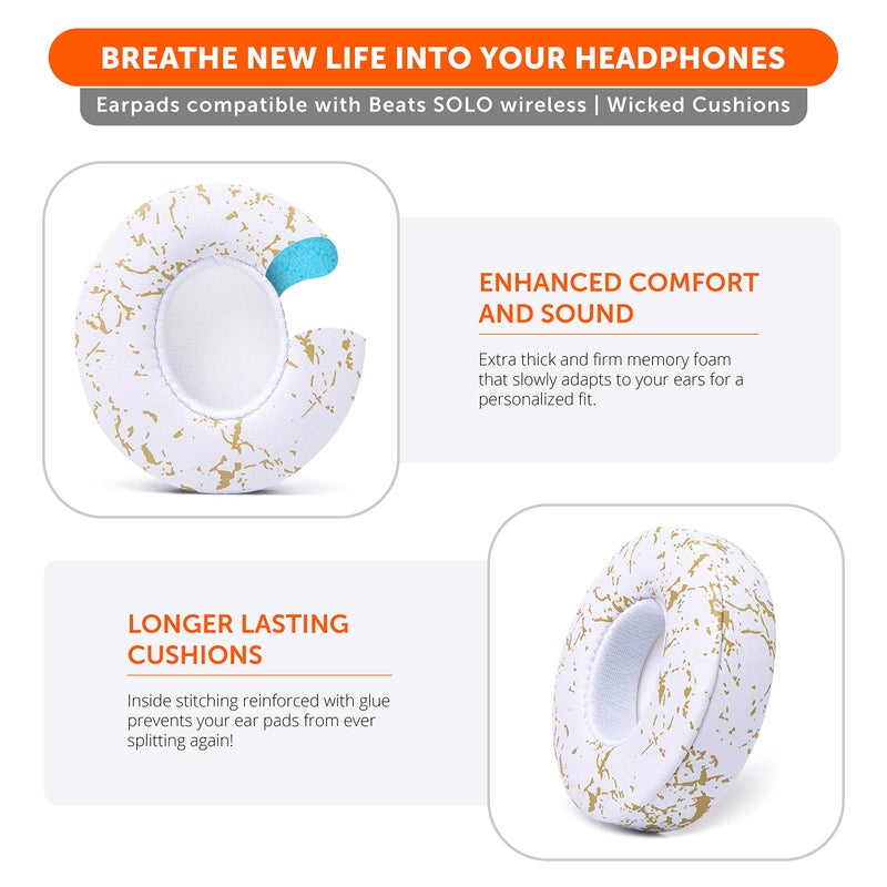 WC Extra Thick Replacement Earpads for Beats Solo 2 & 3 by Wicked Cushions - Ear Pads for Beats Solo 2 & 3 Wireless ON-Ear Headphones - Soft Leather, Luxury Memory Foam, Strong Adhesive | Gold Marble - Image 4