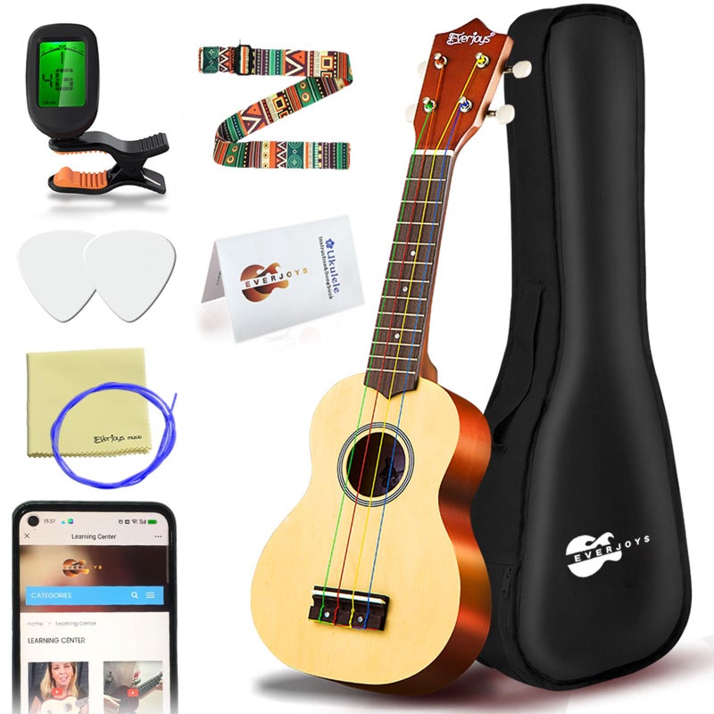 Everjoys Soprano Ukulele Beginner Pack-21 Inch w/Rainbow String Free Online Lesson Gig Bag Fast Learn Songbook Digital Tuner Pick All in One Kit - Image 1