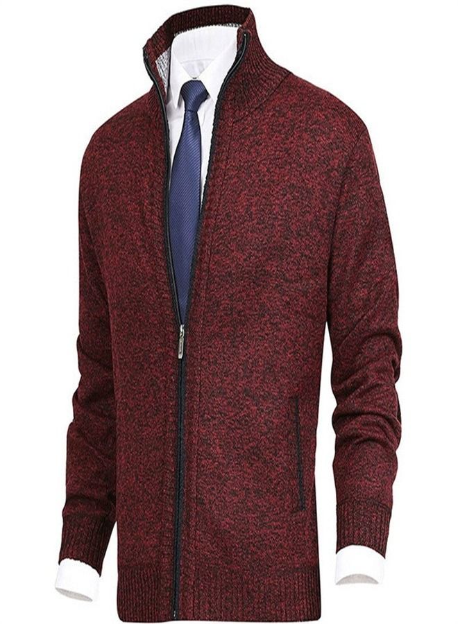 Loquat Men's Fashion Solid Color Stand Collar Cardigan Sweater 