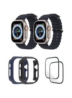 Silicone Ocean Band Strap for Apple Watch Ultra 8 49mm Black/Black , Case Compatible with Apple Watch Ultra 49mm Blue/Black , 2* pcs Watch glass Set of 6