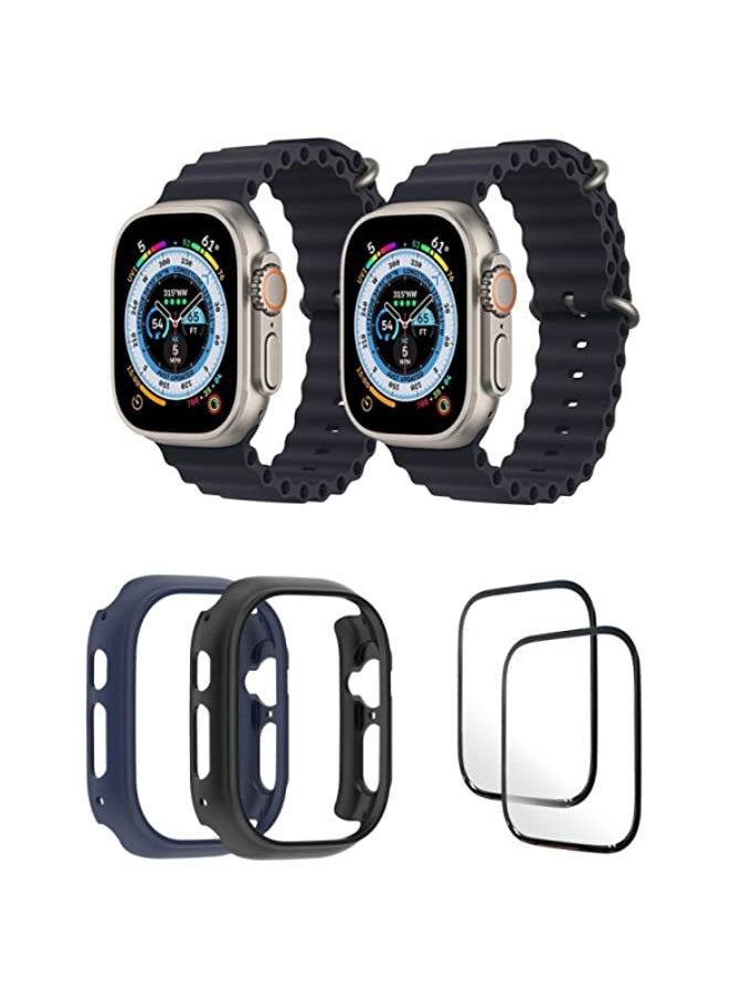 IAF - Silicone Ocean Band Strap for Apple Watch Ultra 8 49mm Black/Black , Case Compatible with Apple Watch Ultra 49mm Blue/Black , 2* pcs Watch glass Set of 6 - Image 1