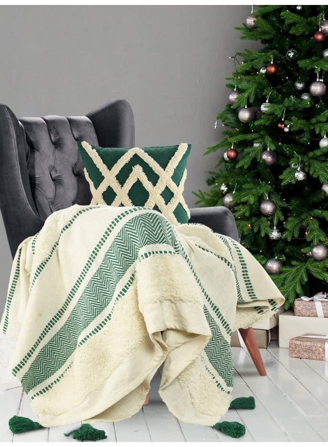 SASHAA WORLD Striped Throw Blanket|Throw for Living Room, Bedroom, Sofa, Chair and Couch|Green & Ivory Throw Blanket|160 x 130 cm (Polyester;Cotton, Reversible) - Image 1