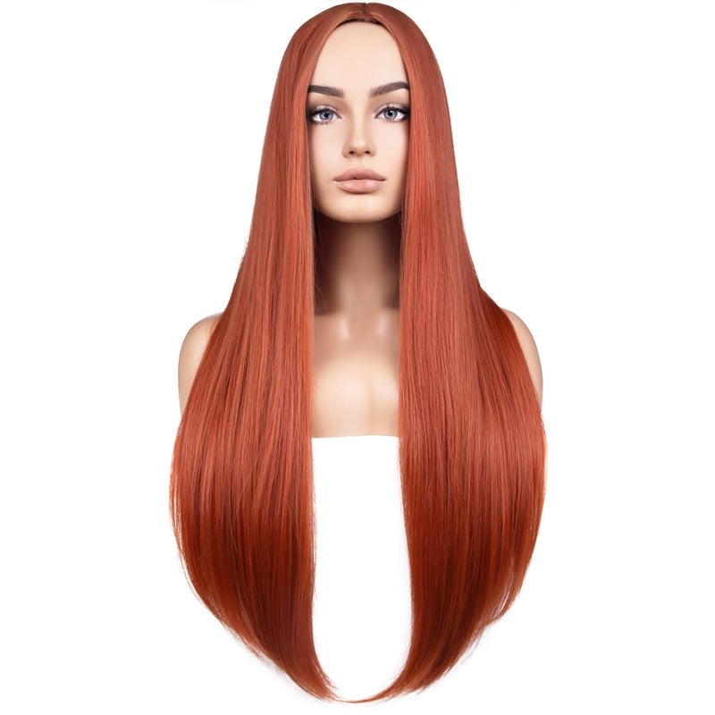 BERON Dark Orange Womens Wigs Long Straight Hair Wig Ginger Middle Part Heat Resistant Synthetic Redhead Color Wigs for Cosplay Costume Party or Daily Use Wig