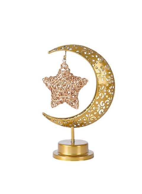 Iron Art LED Moon & Star Lights with Rattan Twig,Table Lamps for Ramadan Decoration, Garden Wedding, Eid Mubarak Shaped Lights (Gold)