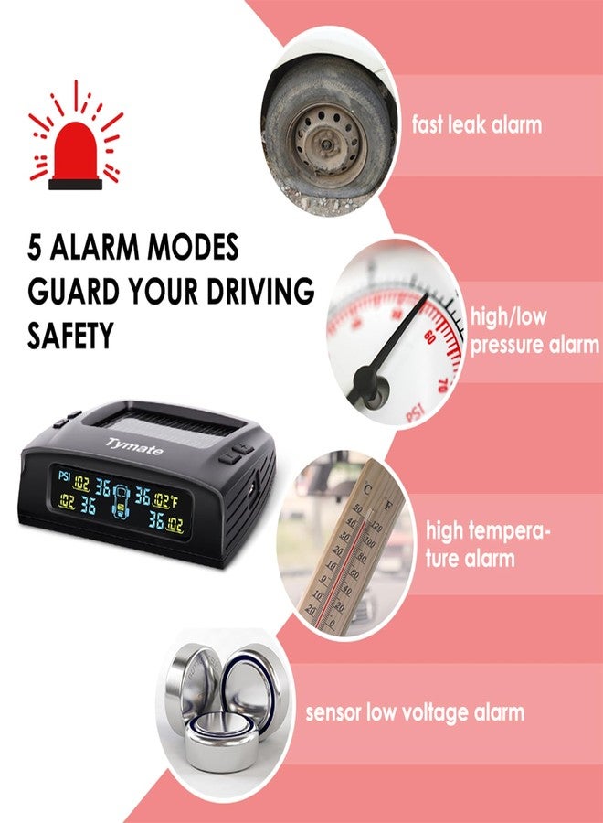 Tymate TM2 RV Tire Pressure Monitoring System, Tire Pressure Monitor with Solar Charge, TPMS with 4 Sensors(Max. 10) & 6 Alarm Modes, New Updated w/Color LCD Display, 0-87PSI for RV/Trailer/Truck/SUV - Image 3