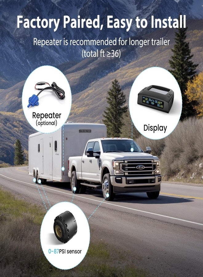 Tymate TM2 RV Tire Pressure Monitoring System, Tire Pressure Monitor with Solar Charge, TPMS with 4 Sensors(Max. 10) & 6 Alarm Modes, New Updated w/Color LCD Display, 0-87PSI for RV/Trailer/Truck/SUV - Image 5