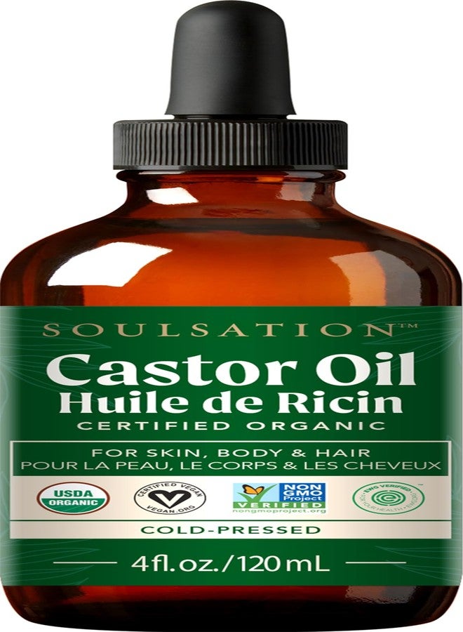 SOULSATION Organic Castor Oil 100% Pure (4oz) - For Eyelashes, Eyebrows, Face, Hair & Skin - Cold Pressed Unrefined Glass Bottle - Image 1