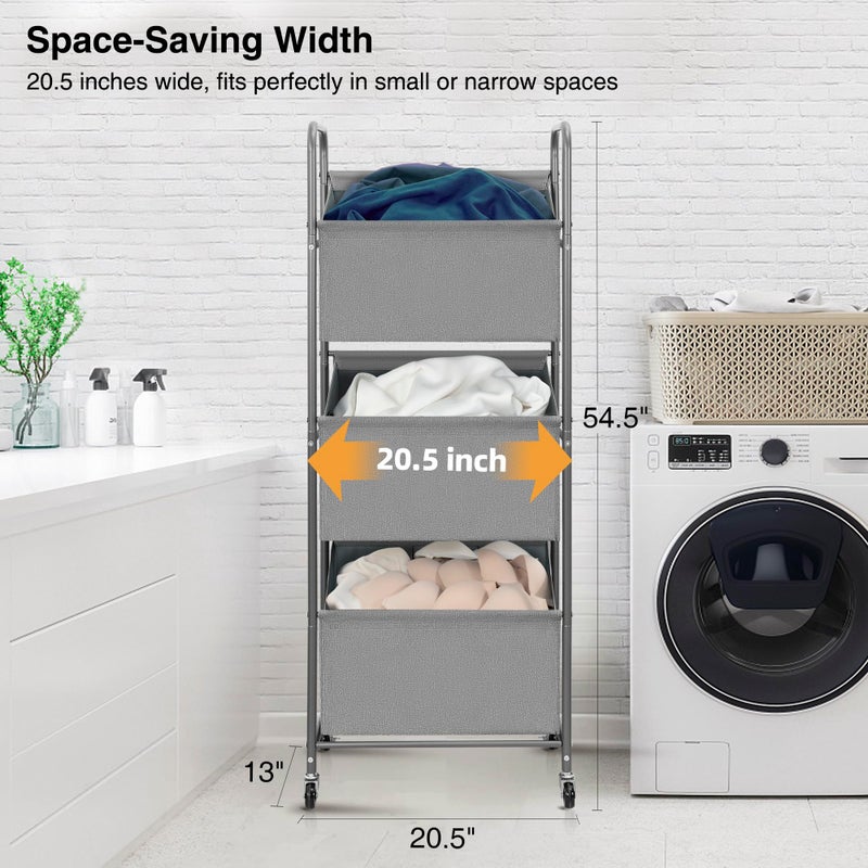 STO STO 3-Tier Vertical Rolling Laundry Hamper with Removable Bags, 120L Stackable Laundry Sorter Basket, Clothes Hamper with Wheels for Small Spaces, Closet, Bedroom, Bathroom, Laundry Room, Gray - Image 3